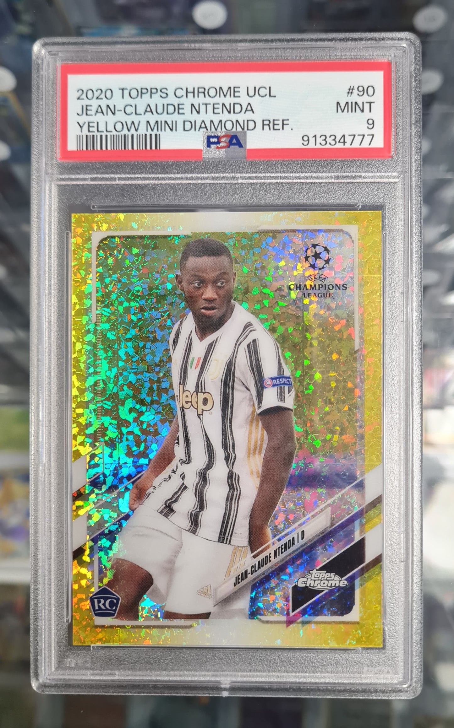 2020-21 Topps Chrome UEFA Jean Claude Ntenda Yellow Speckle RC #90 Number 123/299 PSA 9