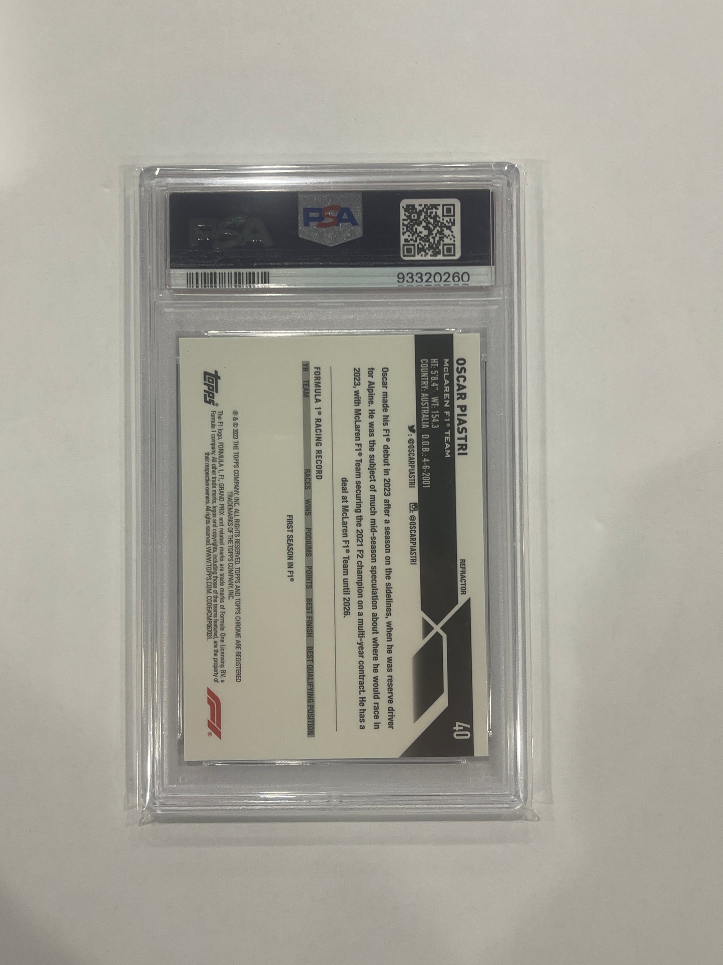 Oscar Piastri PSA 9 2023 Topps Chrome F1 Refractor