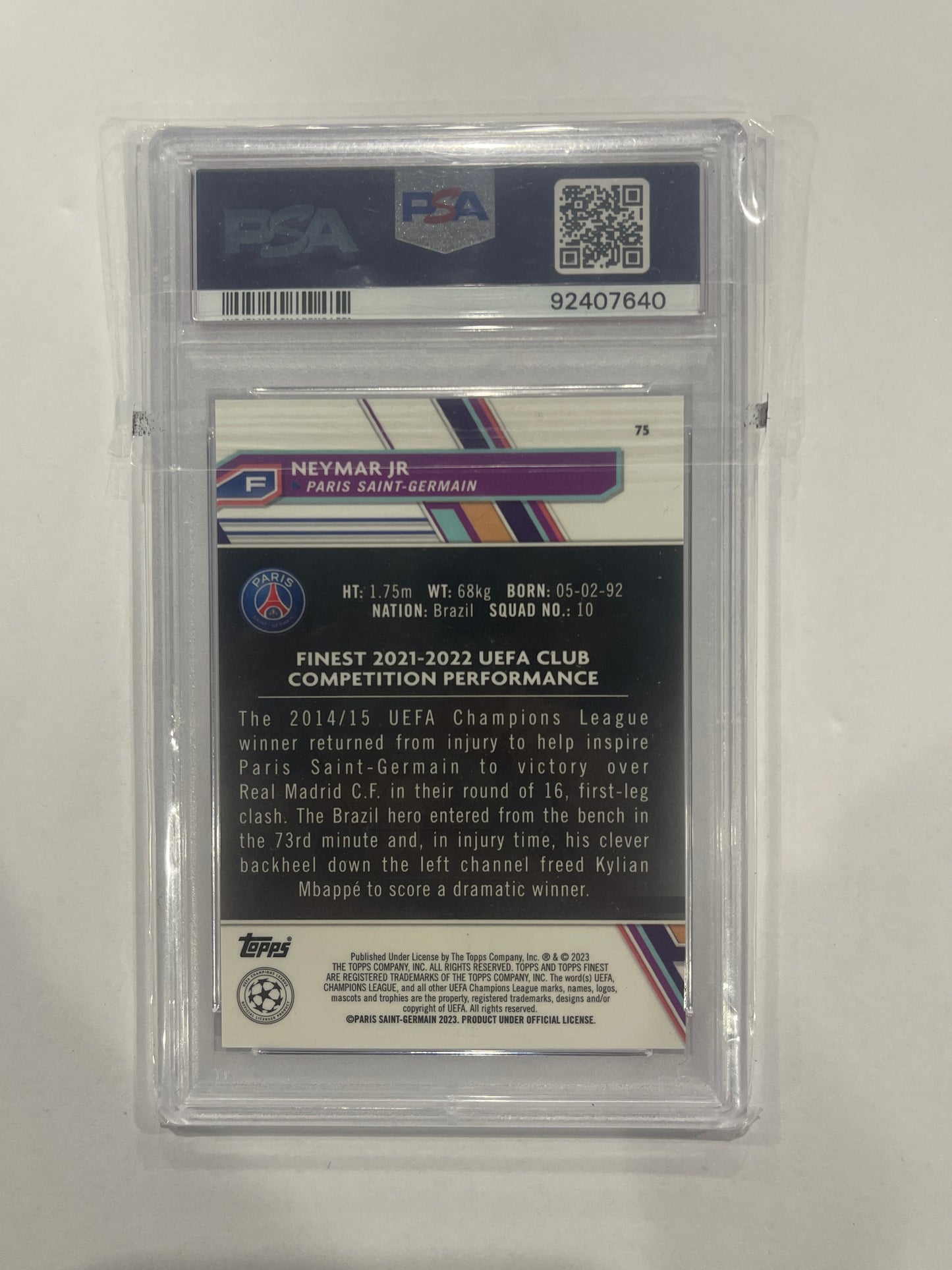 Neymar JR PSA 10 Topps Finest Purple Shimmer numbered 121/199