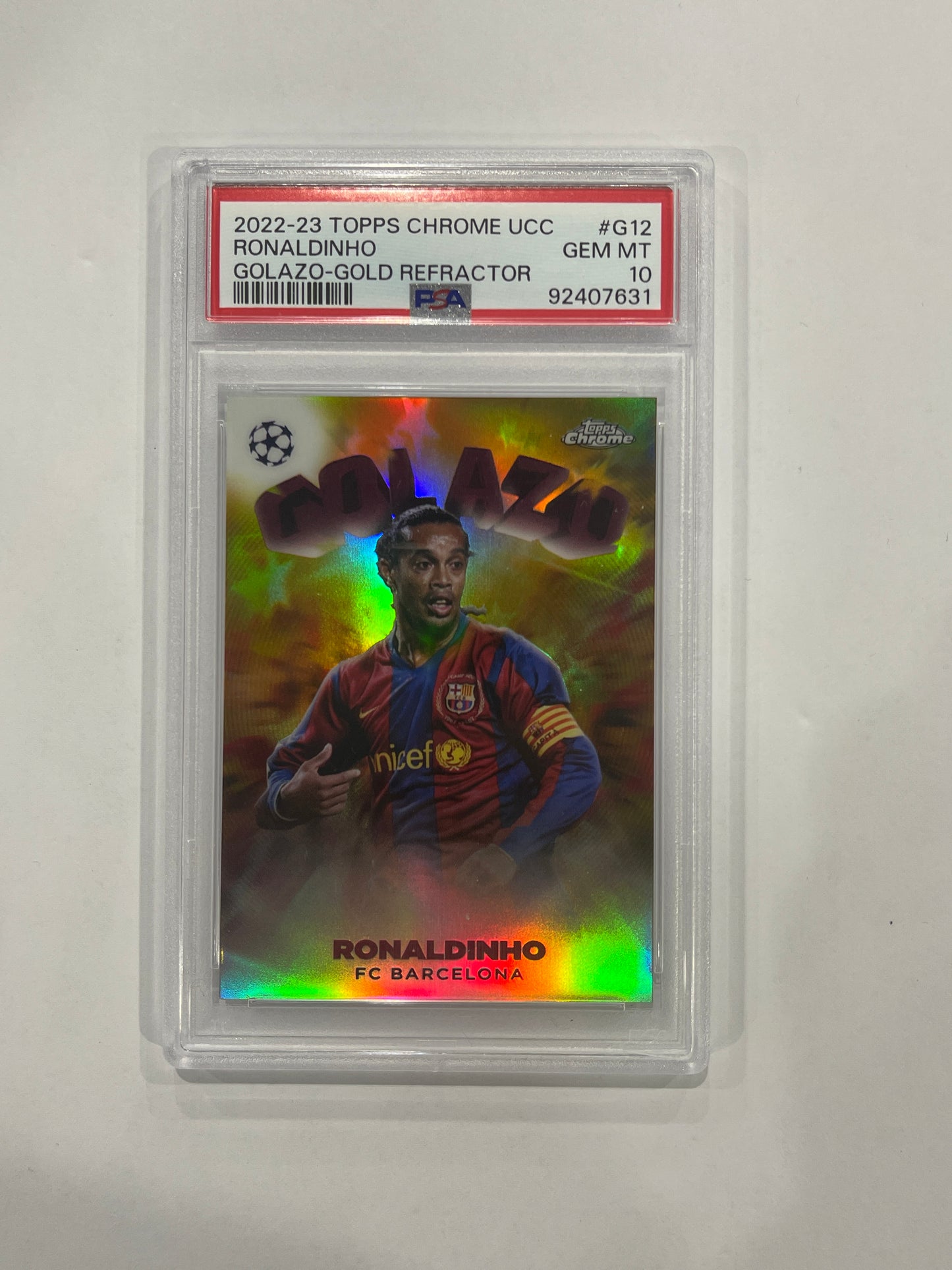 Ronaldinho PSA 10 2022/23 Topps Chrome UCC Golazo Gold Refractor 27/50