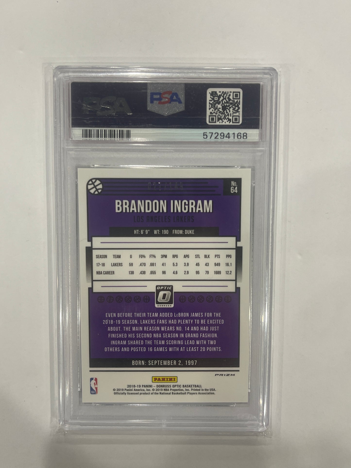 Brandon Ingram PSA 9 2018 Panini Donruss Optic Lime Green 027/149