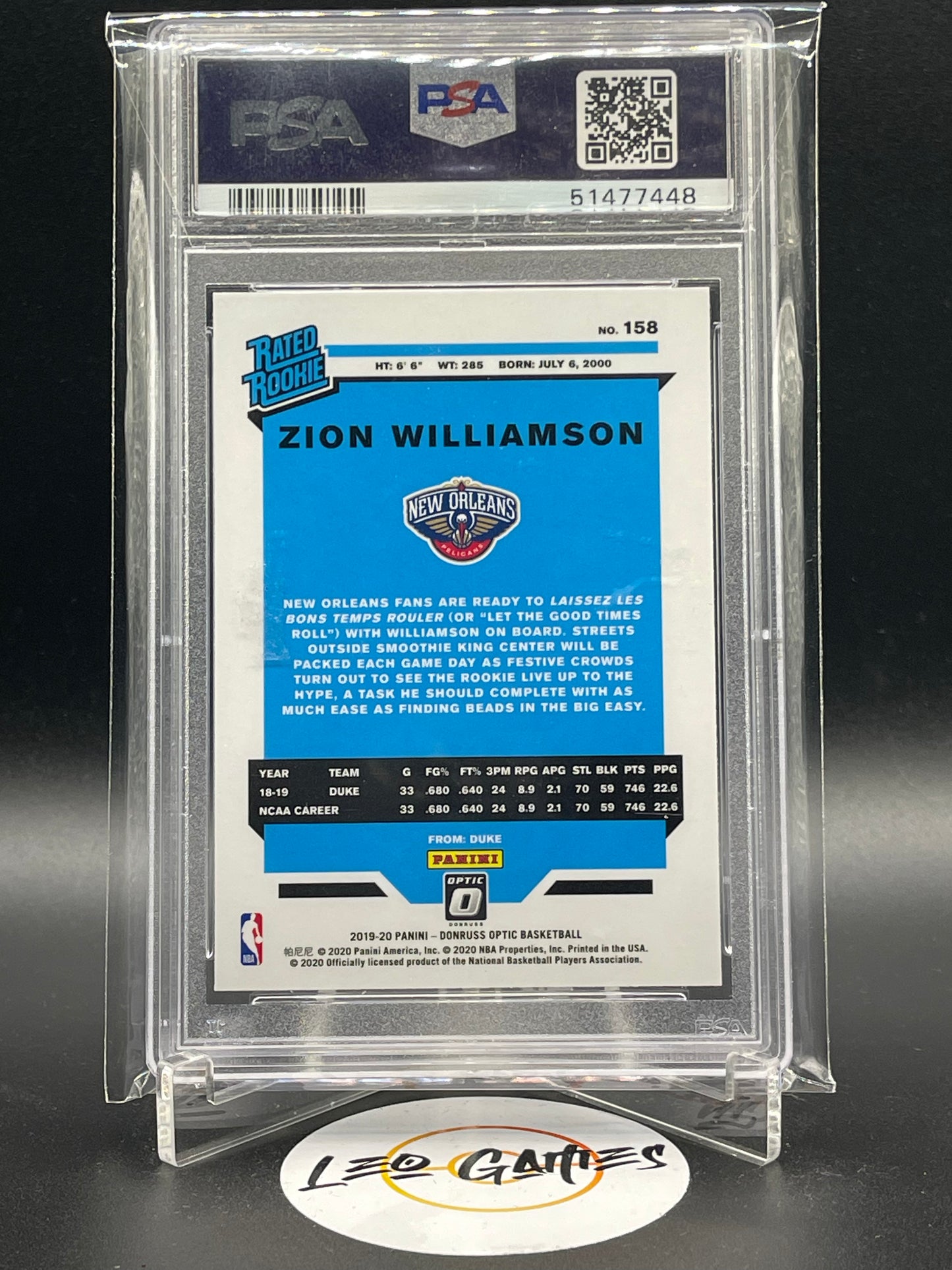 2019-20 Donruss Optic Zion Williamson Rated Rookie PSA 10